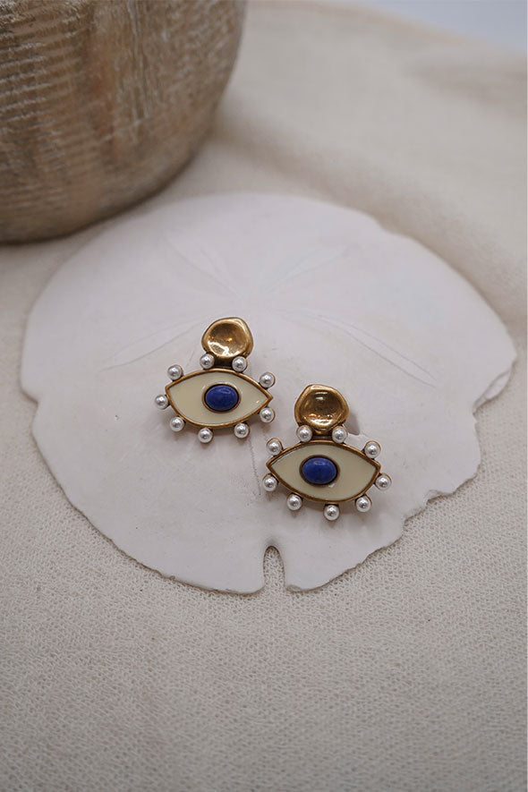 Santorini Evil Eye Cream with Blue and Gold Earrings